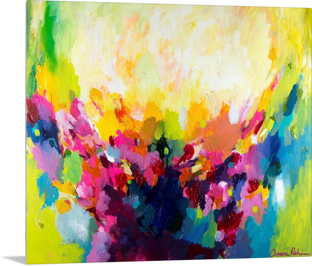 Contemporary abstract painting in bright shades of pink, orange, green, and blue.