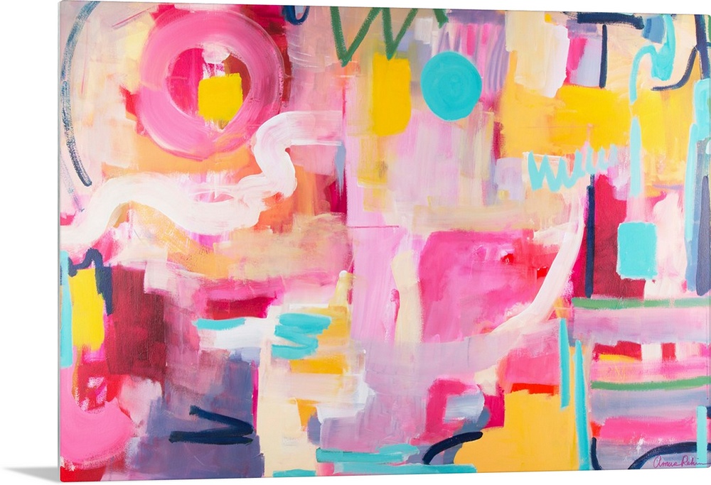 Contemporary artwork in pink, yellow, and turquoise.