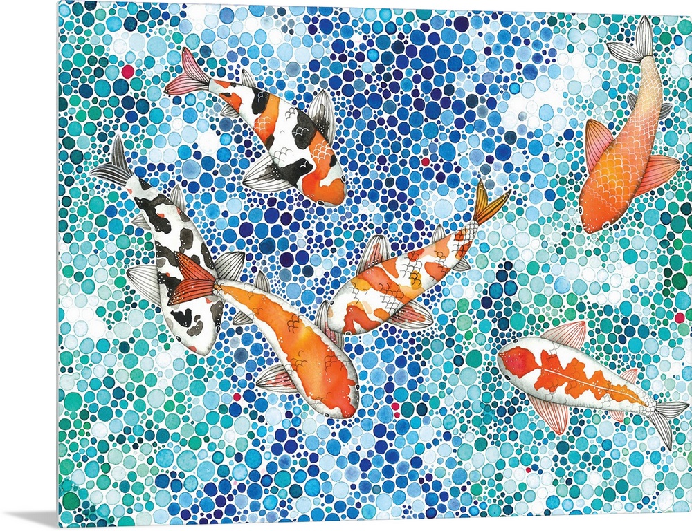 Contemporary painting of six koi fish seen from above in a stylized pond made up of tiny circles.