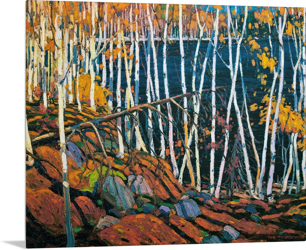 A painting made on canvas of thin trees with rocks on the ground surrounding a lake.