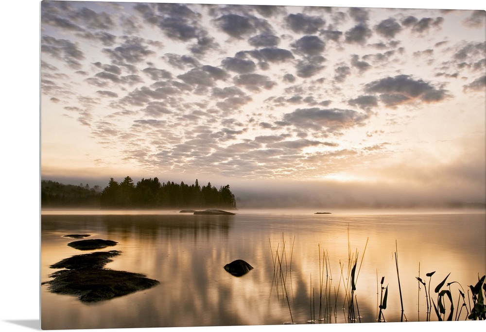 Horizontal photograph on a big wall hanging of the sun set reflecting in a large body of water, a distant tree line in the...