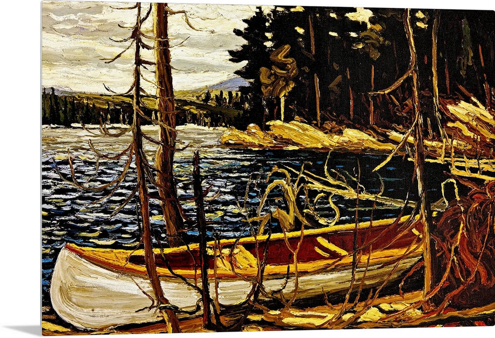 Big, landscape painting of an empty canoe banked against small trees along the shore.  A dense forest of pines in the back...