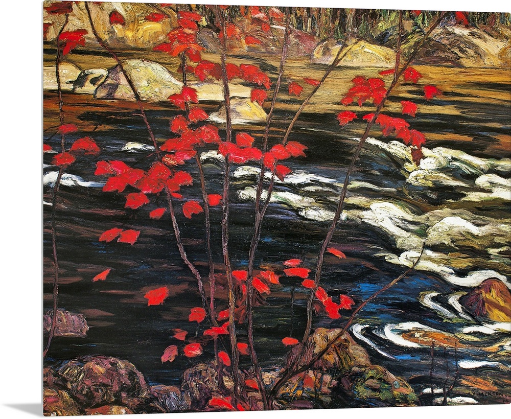 Painting of brightly colored fall leaves with a river running over rocks and a forest in the distance.