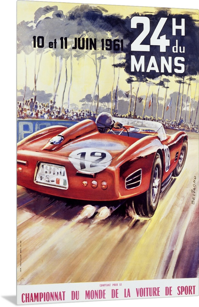 Giant antique advertising art for a car racing world championship showcases an automobile driving at high speed around a t...