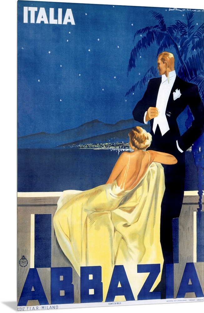 Antique advertising poster showcasing hotel in Venice.  A woman dressed in an evening gown and a man in a tuxedo are stand...