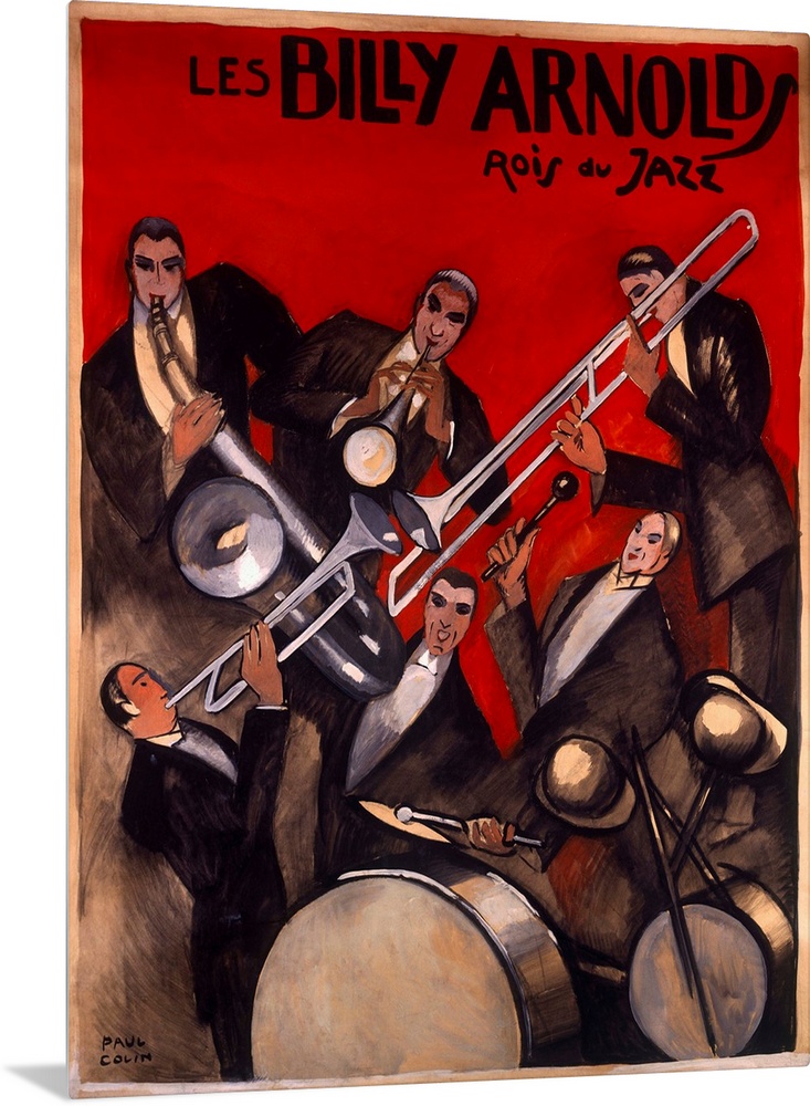 This Art Deco wall art is a theatrical poster advertising a jazz orchestral band of musicians in tuxedos.