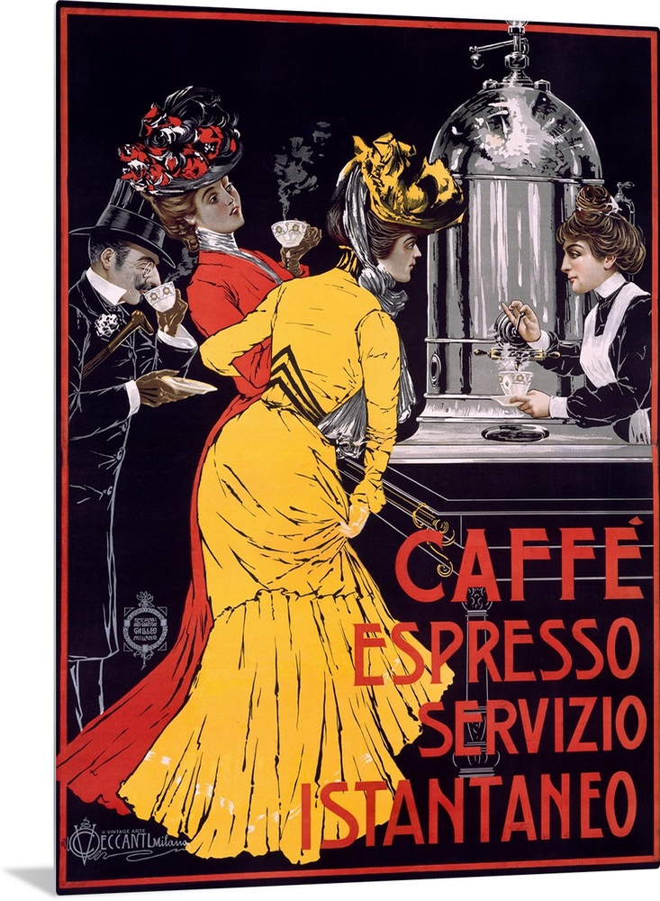 Classic advertisement for Caffe Espresso Servizio Instantaneo featuring two elegant ladies and a well-dressed man drinking...