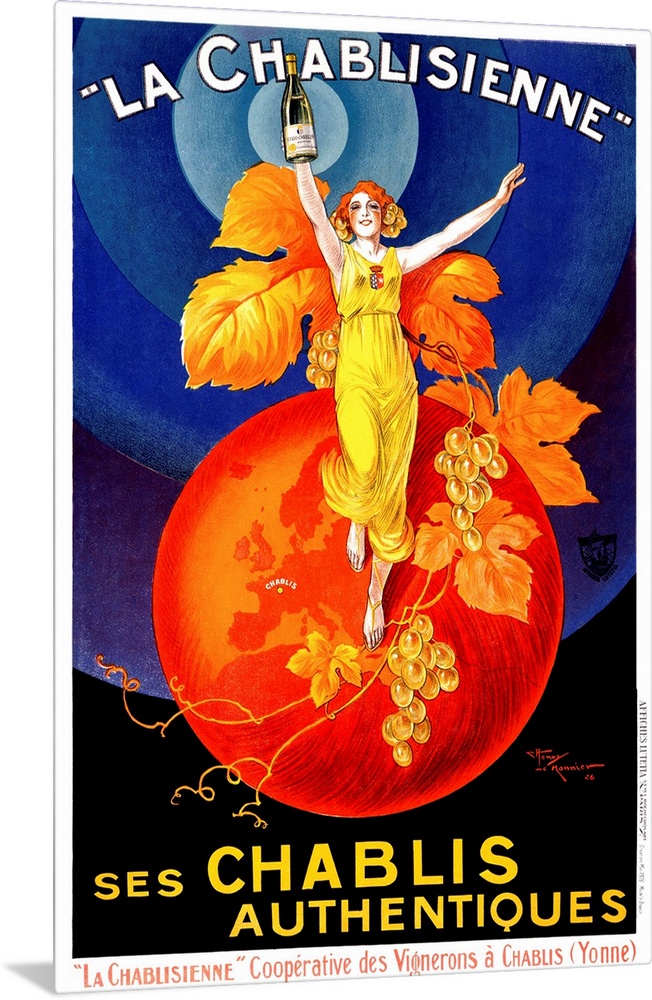 Colorful vintage advertising poster for white wine, featuring a glamorous red-headed woman standing on top of a red globe....