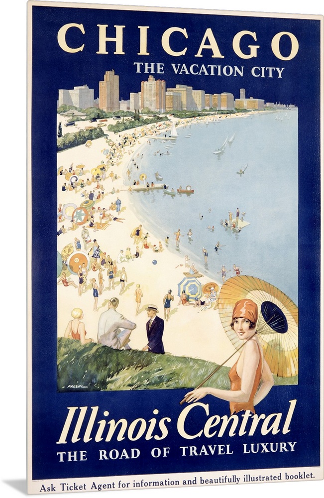 Huge advertising art focuses on a beach scene within the largest city of Illinois.  The populated beach is positioned in f...