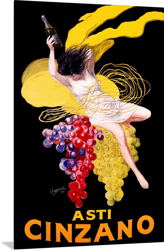 Vintage advertising poster for the Cinzano beverage, featuring a woman in a white dress atop large clusters of ripe red an...