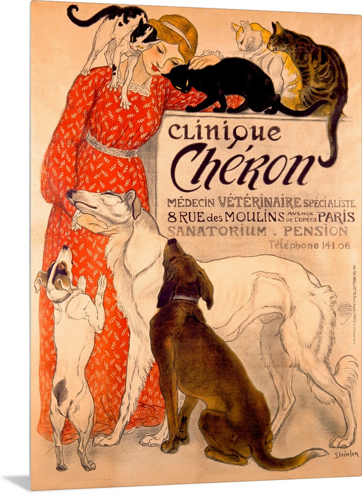 Vintage artwork that shows a woman in a red dress being loved on by both cats and dogs.