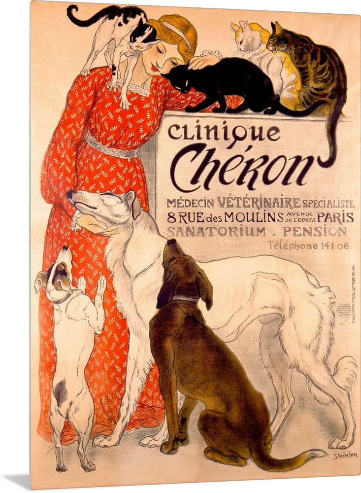 Old advertising poster.  There is an image of a woman surrounded by cats and dogs that are vying for her attention.