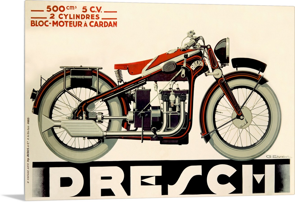 Large, horizontal vintage art advertisement of a Dresch, 500 CC Motorcycle in black and red, on a solid cream background.