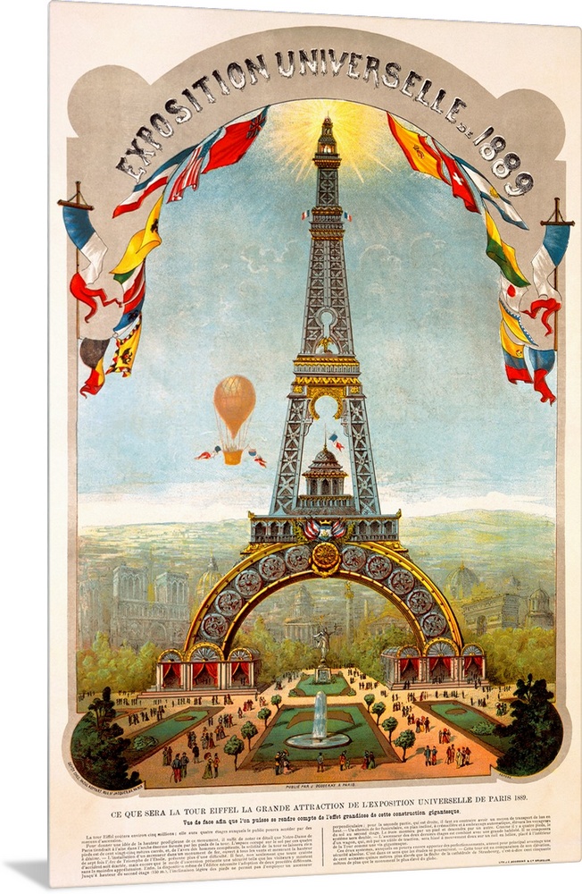 Vertical canvas print of an antique poster of the Eiffel Tower with a hot air balloon in the sky.