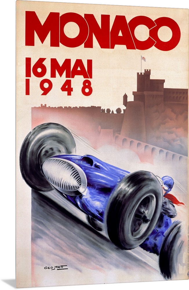 Old advertising poster for 16 Mai race with a vintage race car speeding along with the silhouette of a city in the distanc...