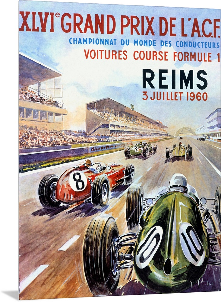 A vertical illustrated poster of race cars on a track in a stadium with a description of the race in French above the cars.