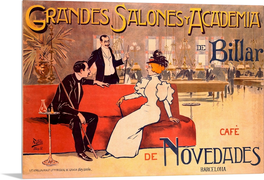A horizontal, vintage advertising poster of a lounge and billiards club; in the foreground with two men in tuxedos are spe...