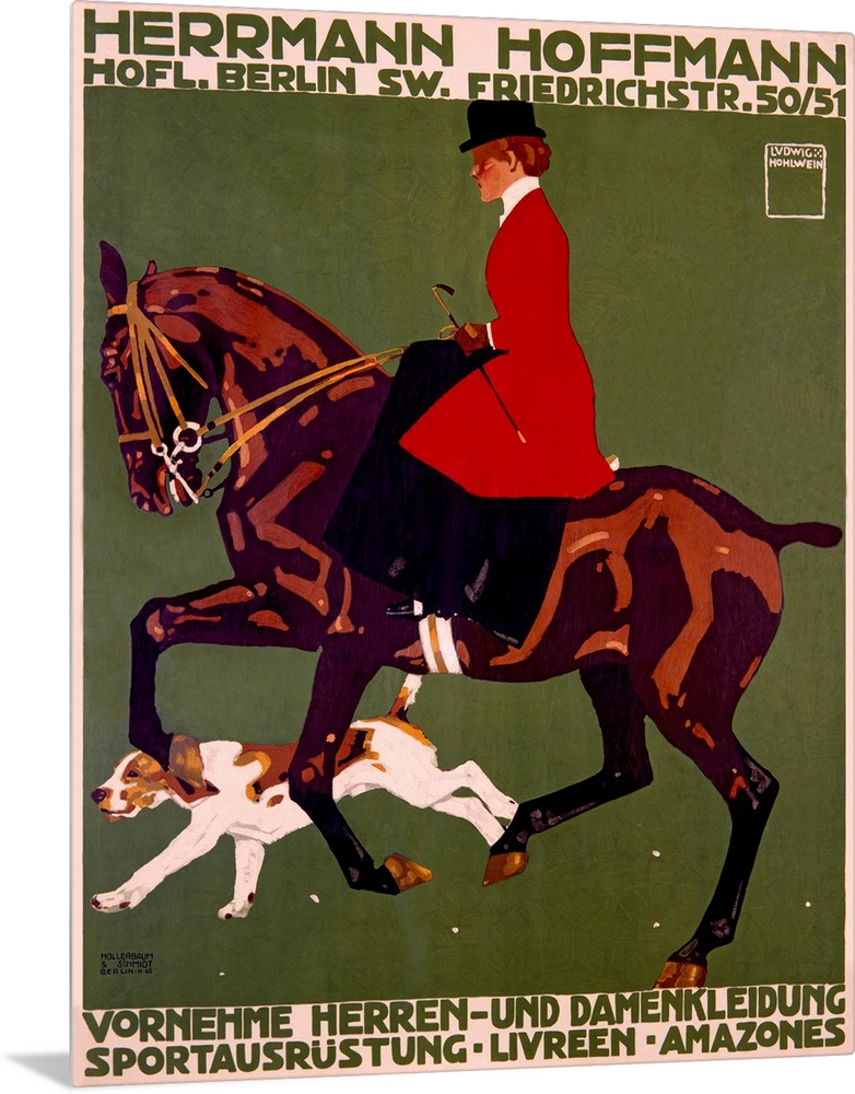 Giant advertising art displays the profile of a woman with a top hat riding a horse with a dog escorting the both of them....