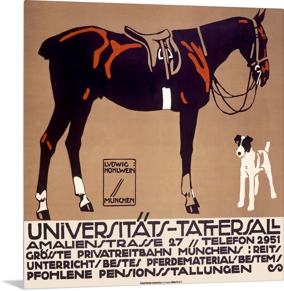 Vintage advertising poster illustrating a terrier and a horse with an English saddle and braided tail.