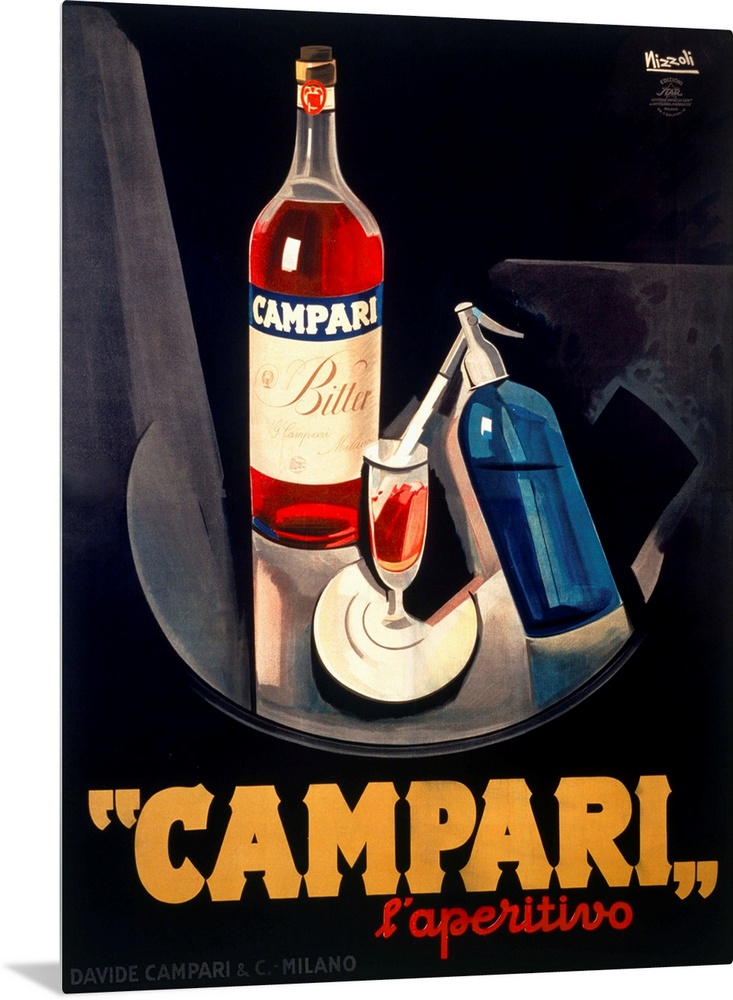 Vintage advertising poster for the Campari beverage, in bold masculine tones. Perfect for a dining room or bar area, the s...
