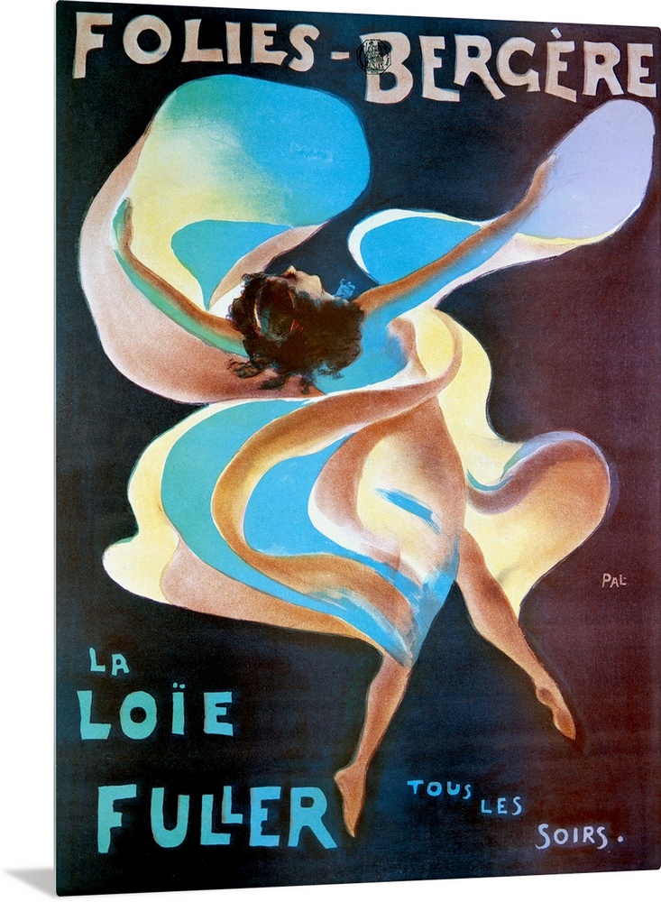 Vintage theater poster of a woman draped in flowing fabric dancing for a live entertainment act from France.