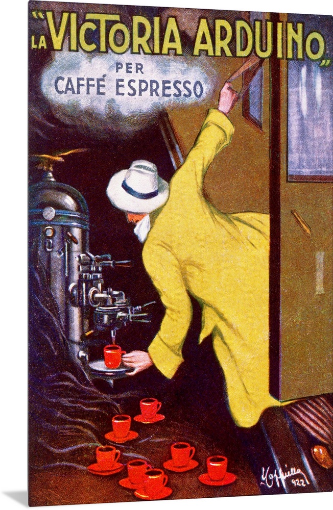 Huge vintage advertising art has a man leaning out of an open train door to get a cup of espresso.   The company name and ...