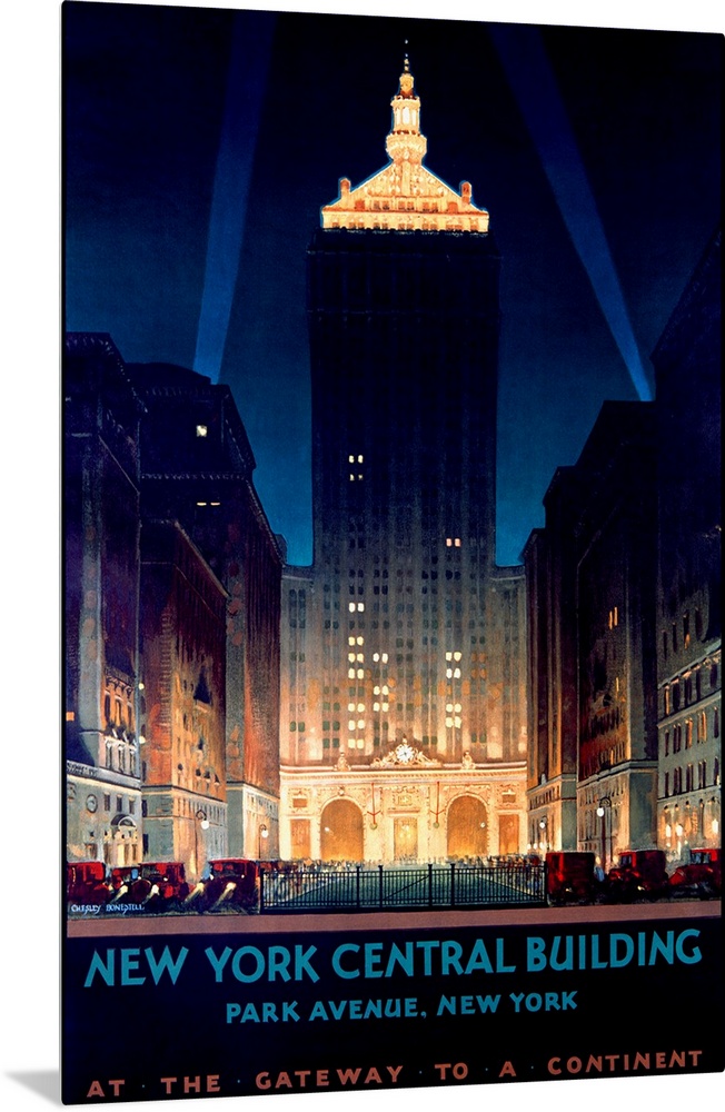 Large antique advertising art focuses on the Helmsley skyscraper located within Manhattan.  Towards the bottom of the piec...