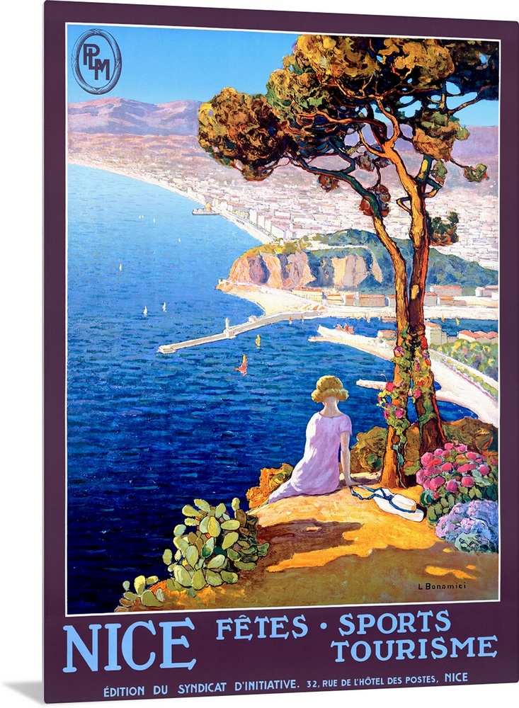 Vertical, large vintage advertisement for the Festival of Sports and Tourism in Nice.  Woman sitting next to a tree on a h...