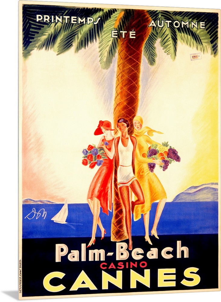Old stylized travel poster for a casino in France with three women leaning against a palm tree and ocean water with a sail...