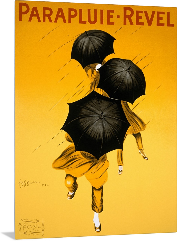 Big vintage art shows three women with umbrellas in the rain of a Parapluie Revel advertisement.