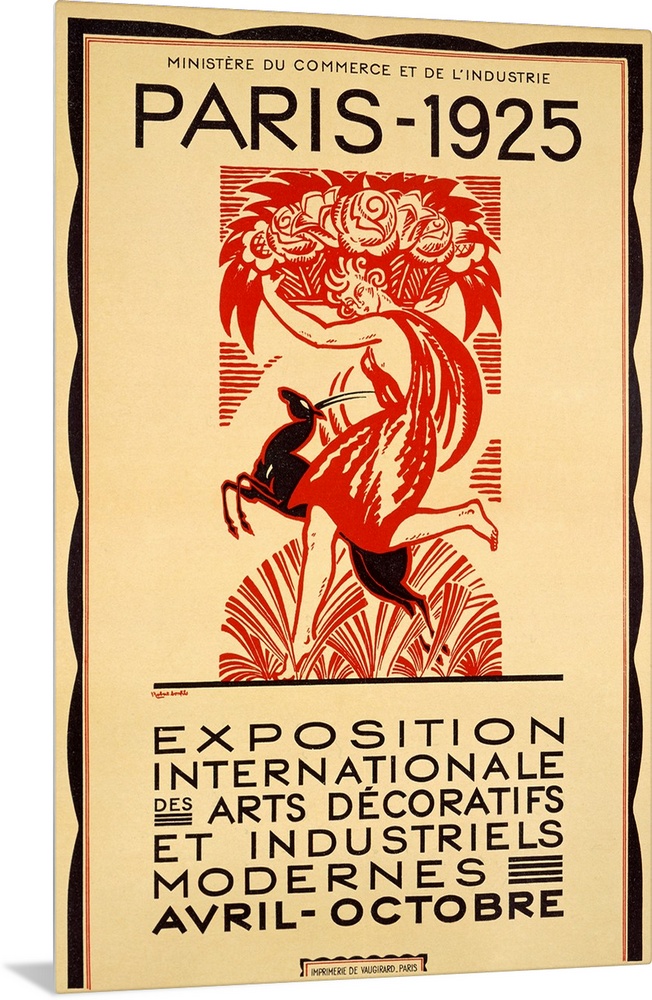 Antique art work of advertising piece showcasing an event in Paris, France.  The poster features a woman running with a ba...