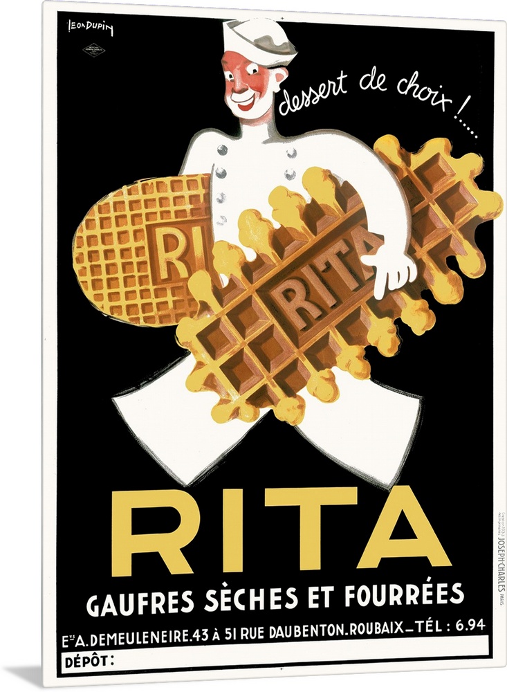 Antique advertising poster for French dessert.  There is an image of a smiling chef carrying two oversized cookies covered...