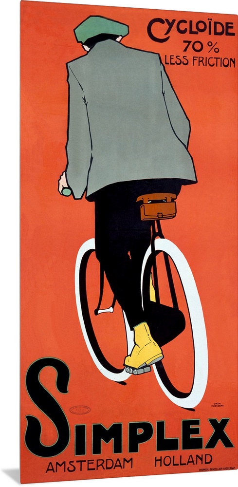 Panoramic antique advertising art incorporates a man riding a bike in front of a bare backdrop.  Text for the advertisemen...