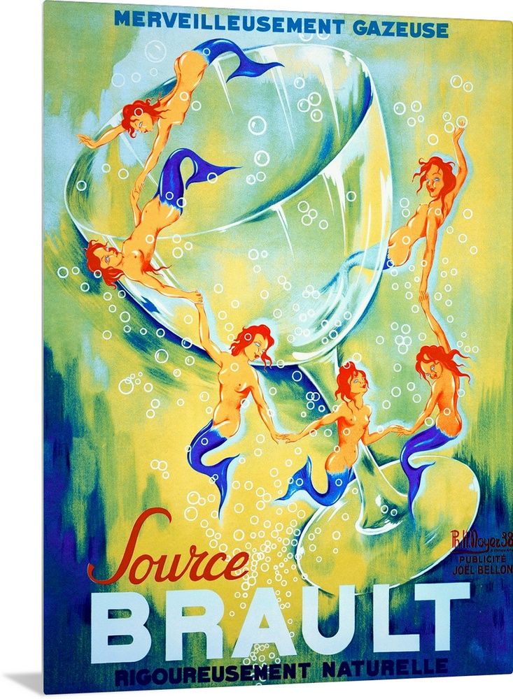 Large advertising art shows six mermaids swimming around a large drinking glass with bubbles surrounding them.  At the top...