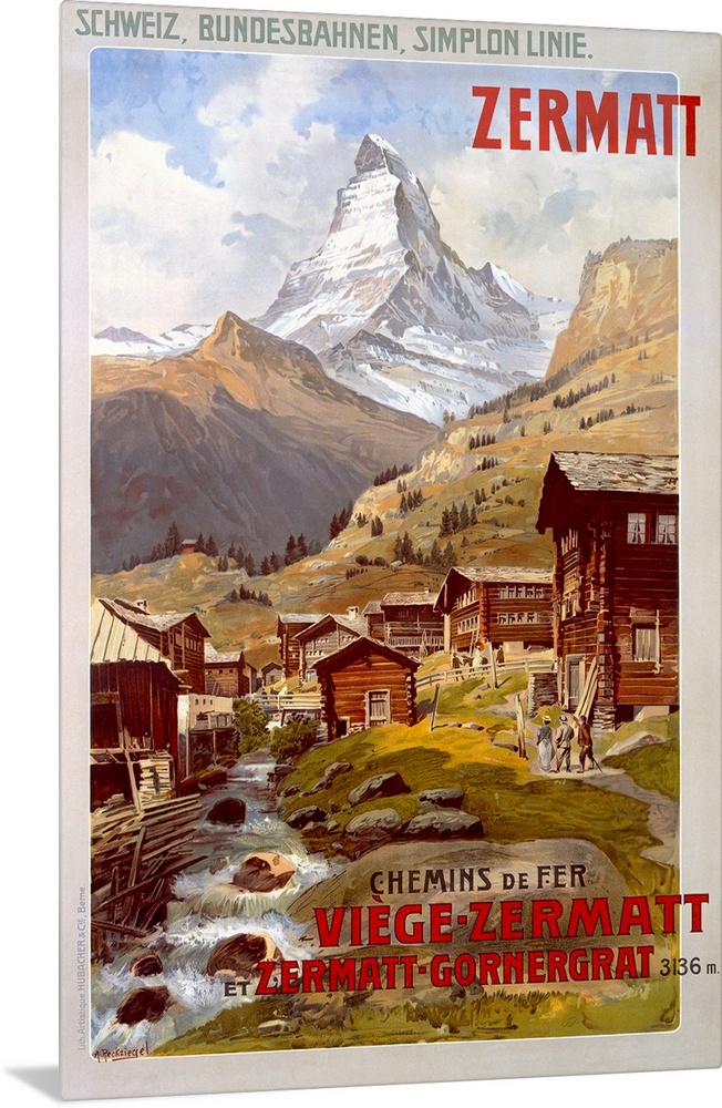 Vertical vintage poster, advertising the Swiss Alps in Zermatt.  Mountains behind a small village in the foreground with a...