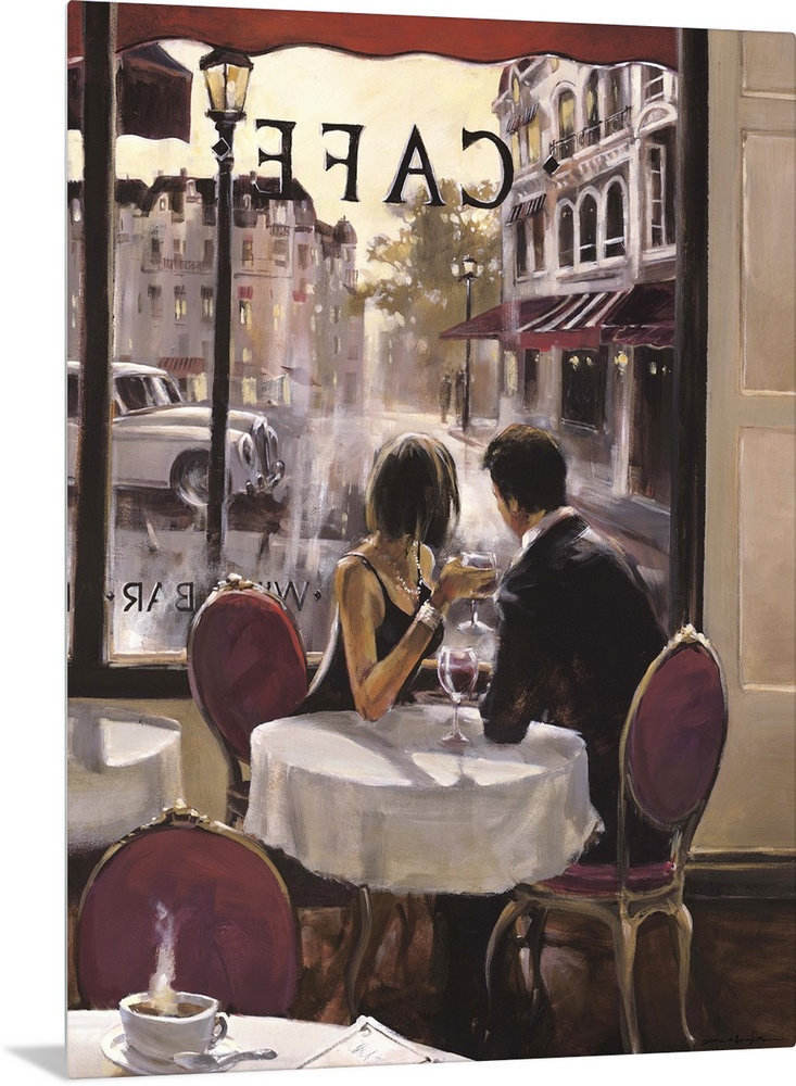 Contemporary painting of a couple sitting in a cafe and gazing out the window at the world moving by.