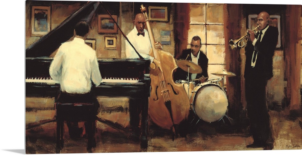 Contemporary painting of a group of jazz musicians, including a trumpet plater, a drummer, a bassist, and a pianist.
