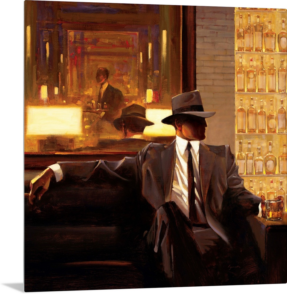Contemporary painting of man wearing a suit and hat sitting on sofa in a lounge holding a drink in his hand.