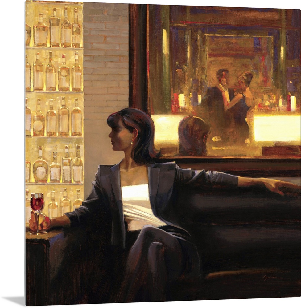 Contemporary painting of woman sitting on sofa in a lounge holding a drink in her hand.