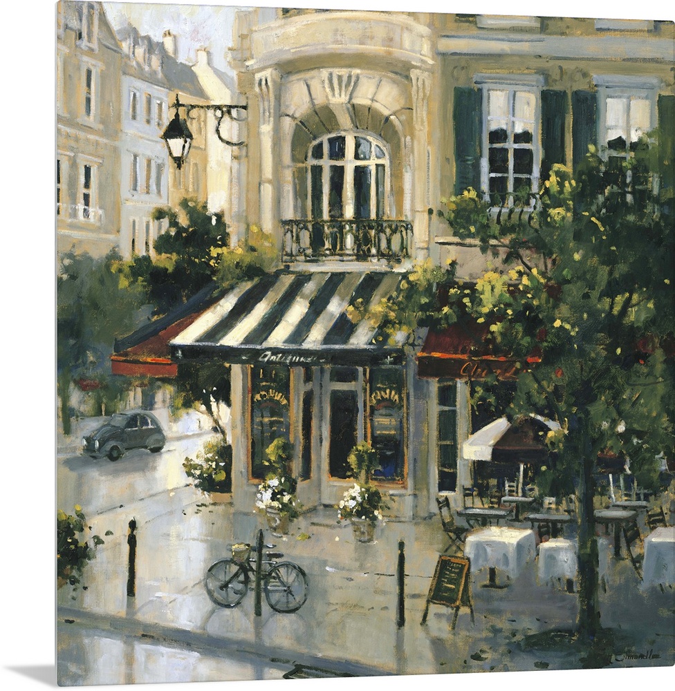 Contemporary painting of a city street corner antique shop.