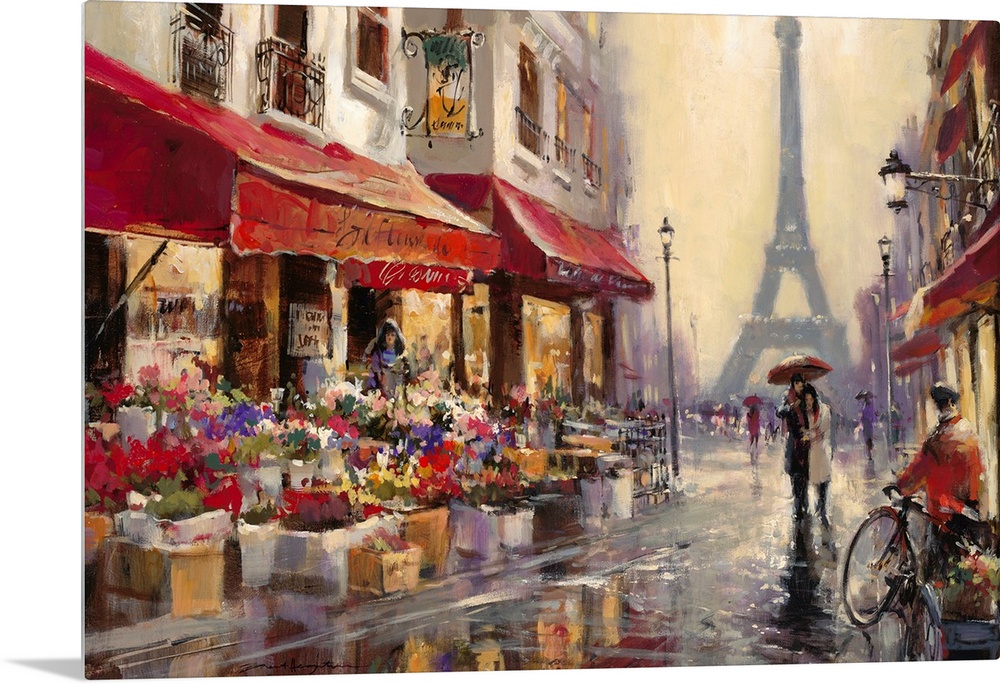 Contemporary painting of a view of the city streets of Paris, with the Eiffel Tower in the background.