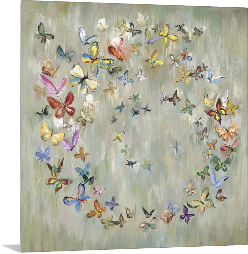 Colorful butterflies forming a circle against an abstract pale green background.