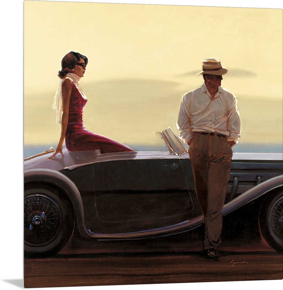 Contemporary painting of a woman sitting in the back of a vintage car, with a man standing outside the car leaning against...