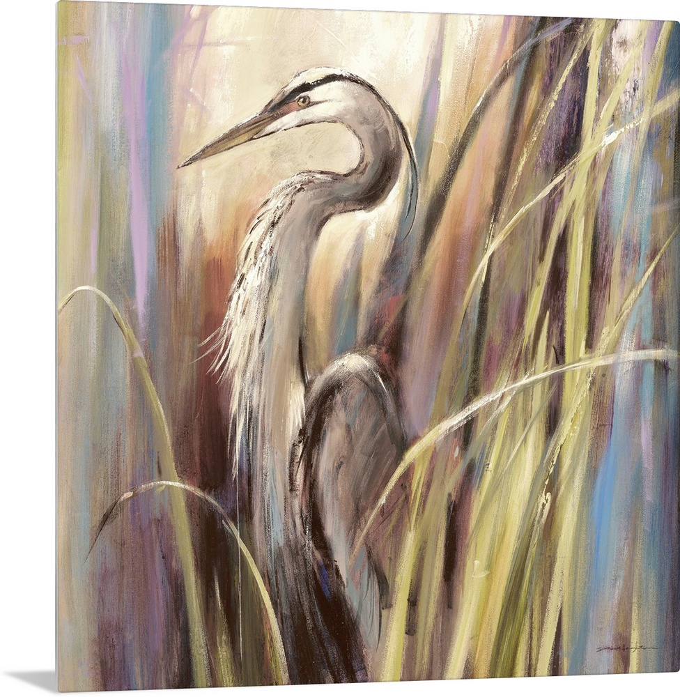 Contemporary painting of a heron standing a-midst tall grass.