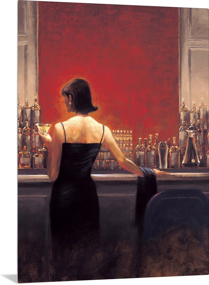 Contemporary painting of a woman in a black dress standing at a bar with a vibrant red wall, with a drink in her hand.