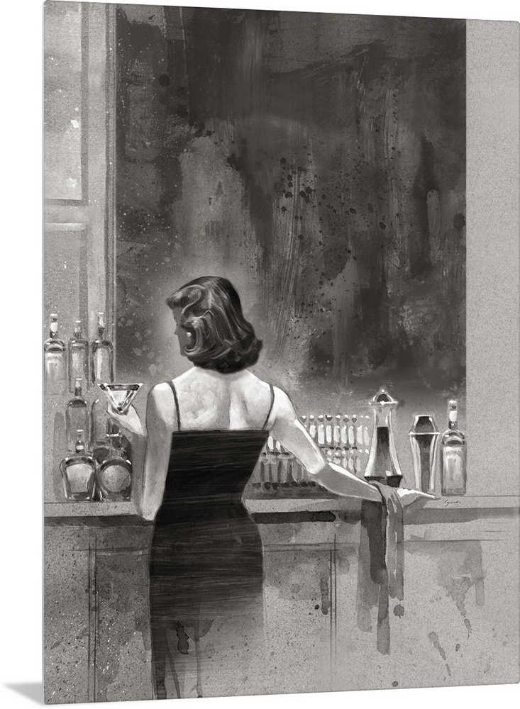 A painting done in gray scale of a woman in a dress standing at a bar, with a drink in her hand.