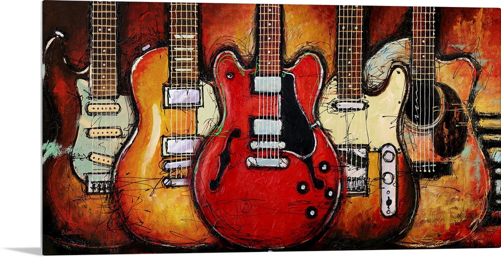 Contemporary painting of a guitar with piano keys in the background.