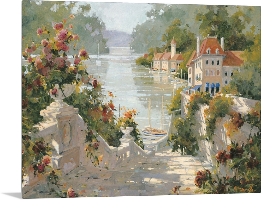 Contemporary painting of an old Italian village, with stone steps leading to its harbor.