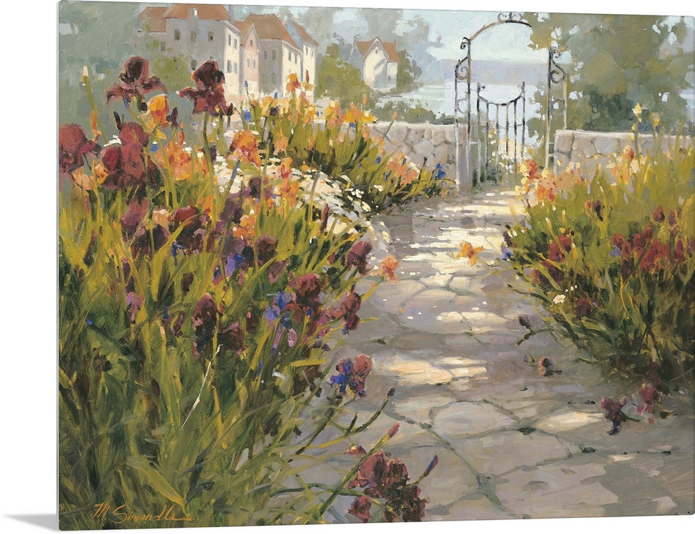 Contemporary painting of an old Italian village garden, with stone path leading to garden entrance.