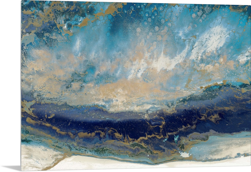 Contemporary abstract artwork in blue and gold, resembling a seascape.